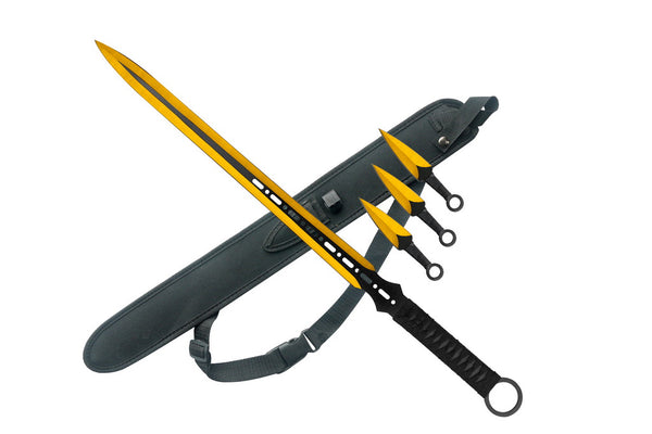 T 63105-1GD3 27" Gold Vented Black Blade Ninja Sword & Throwing Knives Set