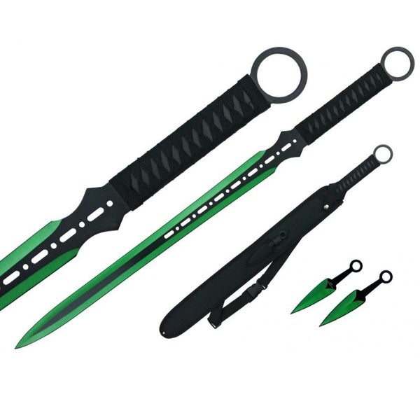 T 63105-1GN 27" Green Vented Black Blade Ninja Sword & Throwing Knives Set