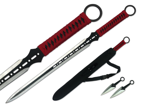 T 63105-1RD 27" Red Vented Black Blade Ninja Sword & Throwing Knives Set