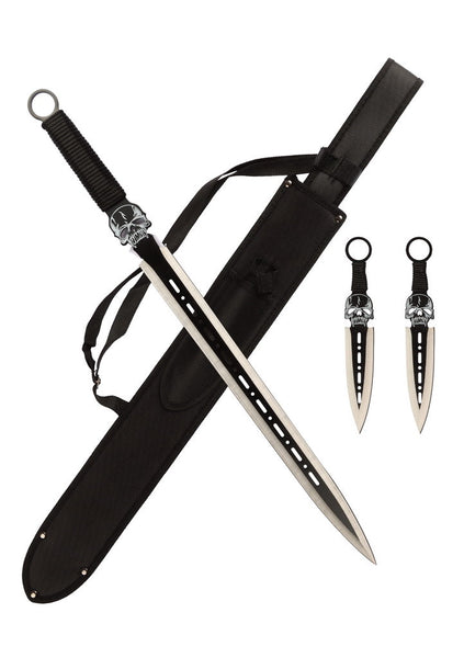 T 661085-BK 27″ Black Tactical Skull Machete Sword w/ Two 7.5″ Throwing Knives