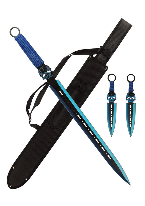 T 661085-BL 27″ Blue Tactical Skull Machete Sword w/ Two 7.5″ Throwing Knives
