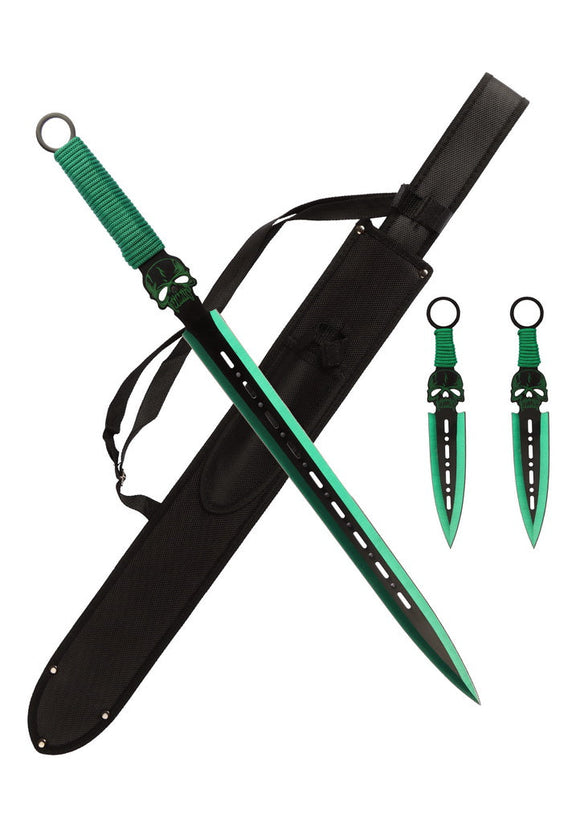 T 661085-GN 27″ Green Tactical Skull Machete Sword w/ Two 7.5″ Throwing Knives