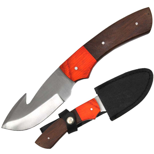 TH 125-WD 8" Multicolor Wood Handle Gut Hook Hunting Knife with Leather Sheath