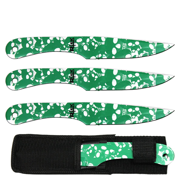 TK 00538-SKGN 8" Green Skull Print Throwing Knife Set with Sheath