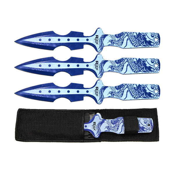 TK 016-365BL 6.5" Blue Dragon Print Throwing Knife Set with Nylon Sheath