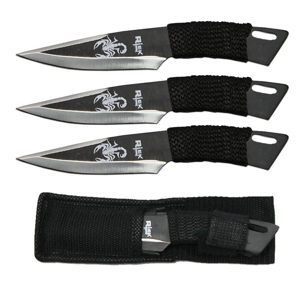 TK 042-365BSK 6.5" Black & Silver Scorpion Print Throwing Knife with Nylon Sheath