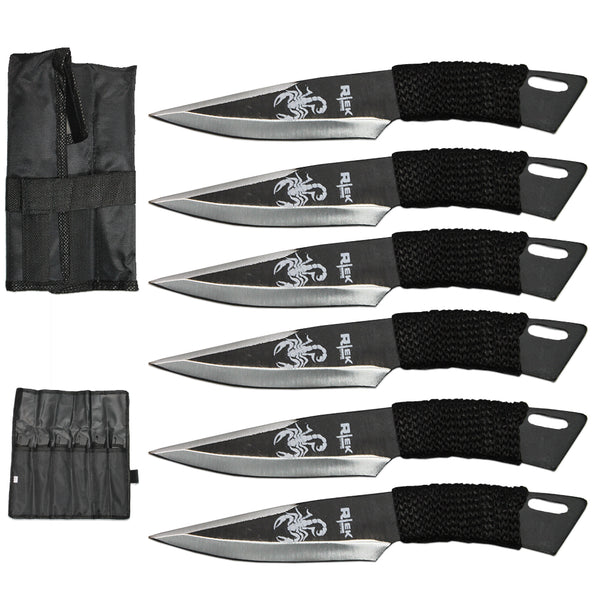 TK 042-665BSK 6" Black & Silver Scorpion Pring Cord Warpped Throwing Knife 6 PCS Set with Carrying Case