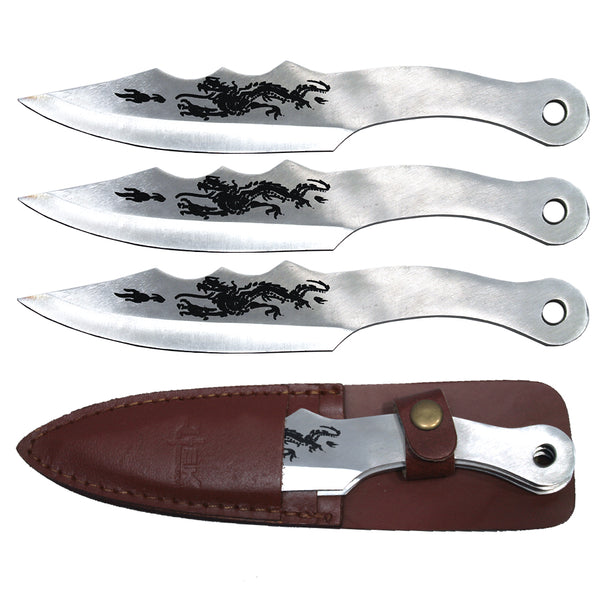 TK 089-38WBR 8" Silver Dragon Throwing Knife Set with Leather Sheath