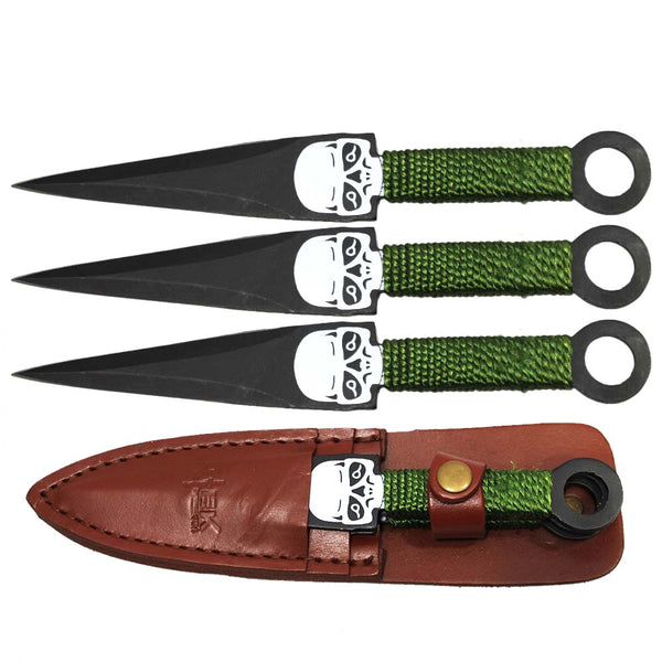 TK 093-LP38SK 8" Skull Print Kunai Cord Wrapped Throwing Knife Set with Leather Sheath