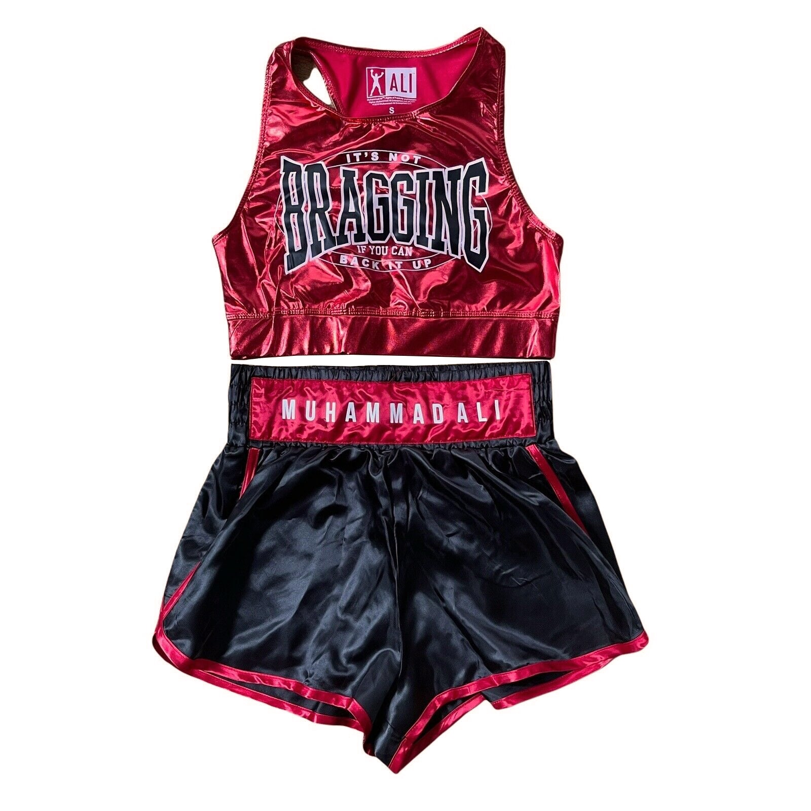 Women junior's Muhammad Ali boxing costume with red tank top and shorts set, Rex Distributor, Inc. perfect for sports or costume wear.