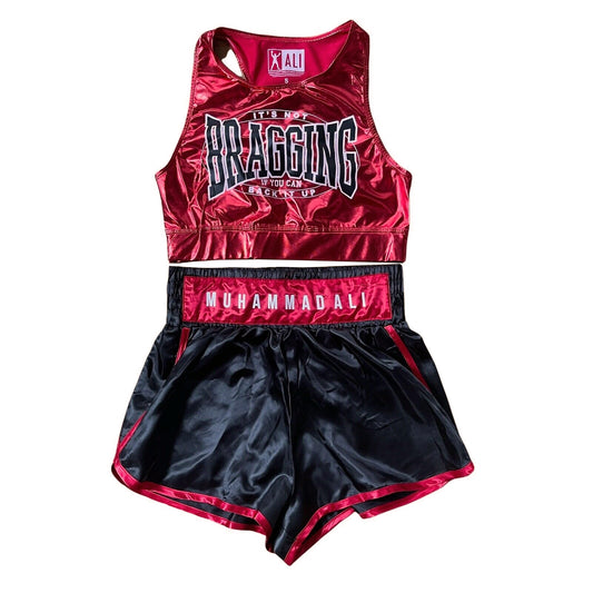 Women junior's Muhammad Ali boxing costume with red tank top and shorts set, Rex Distributor, Inc. perfect for sports or costume wear.