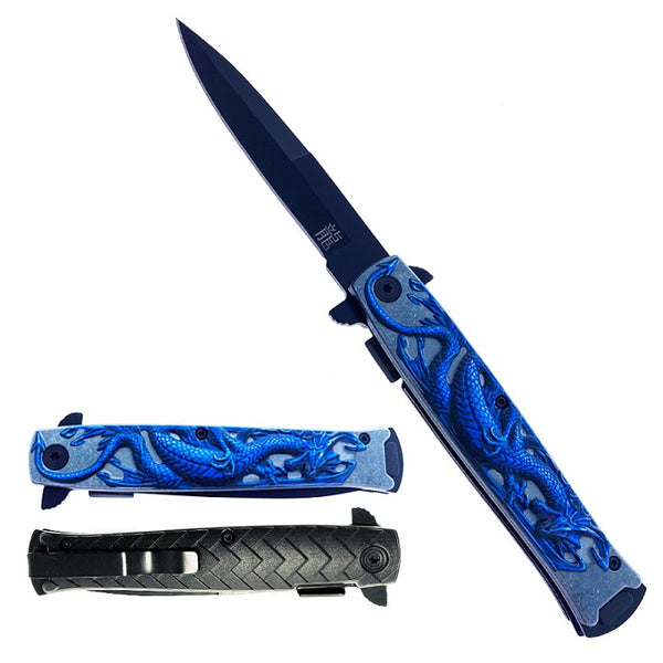 KS 1673-BL 4.5" Blue Embossed Dragon Assist-Open Folding Pocket Knife