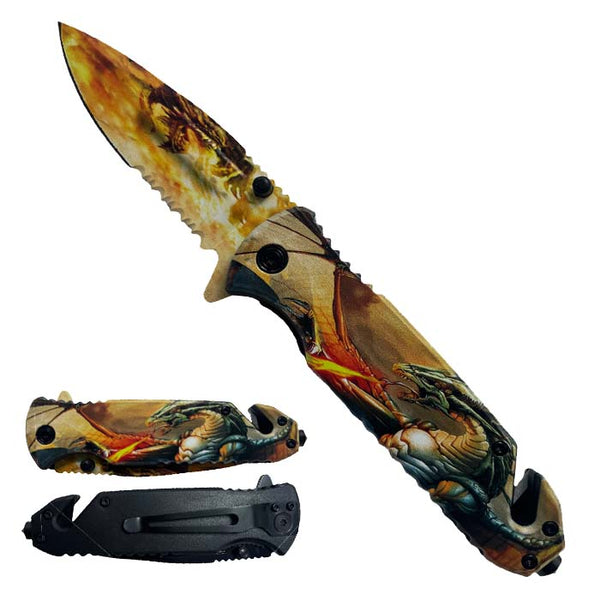 KS 1820-DG 4.75" Dragon Half Serrated Blade Assist-Open Rescue Knife with Belt Cutter & Glass Breaker