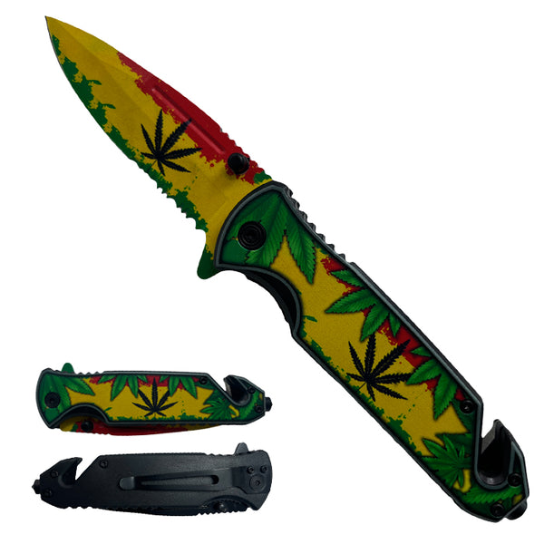 KS 1820-MA1 4.75" Marijuana Half Serrated Blade Assist-Open Rescue Knife with Belt Cutter & Glass Breaker