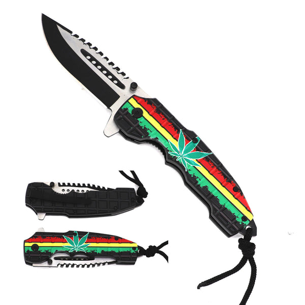 KS 1979-MM-1 5" Marijuana Leaf Assist-Open Tactical Folding Knife with Paracord