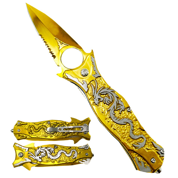 KS 36101-GD 4.75" Assist-Open Dragon Spear Point Folding Pocket Knife