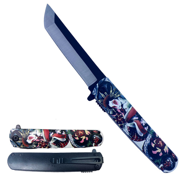 KS 61261-9 4.75" Spring Assisted Knife with Geisha Serpent Japanese 3D Print Design