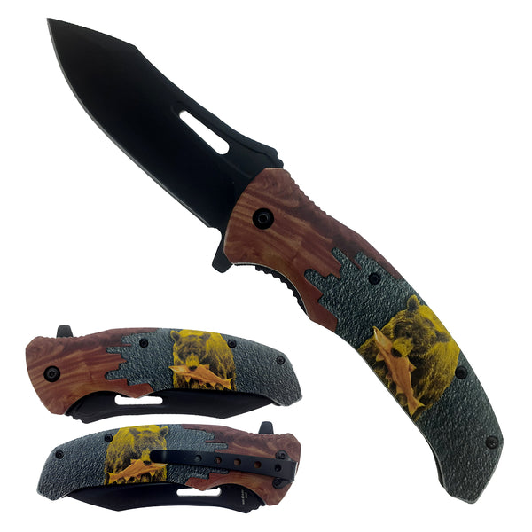KS 6309-BR 4.5" Black Blade Bear Handle Assist Open  Folding Knife